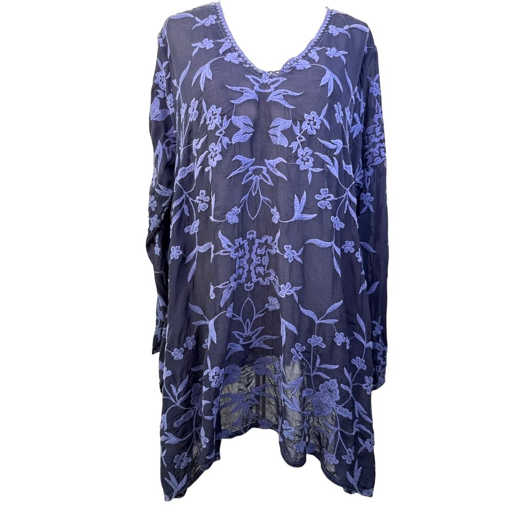 Johnny Was Blue Embroidered Tunic Top Medium Boho Floral V-Neck - Picture 2 of 8